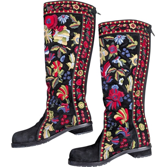 Warren Edwards Mongo Longo Suede Embroidered Boots Size 8 Black Floral Boho - Picture 2 of 13